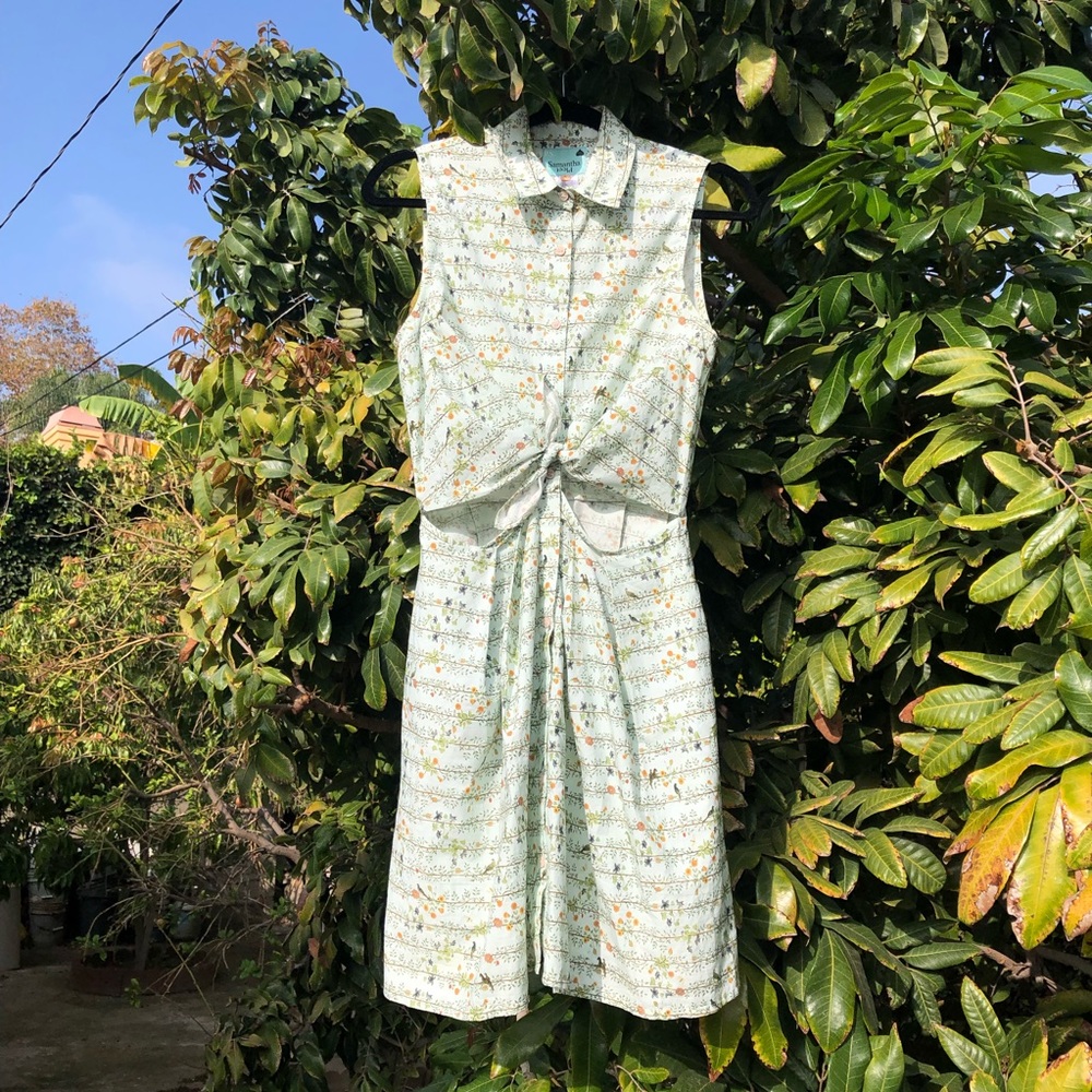 Samantha Pleet green bird floral print cotton cutout tie front mini dress